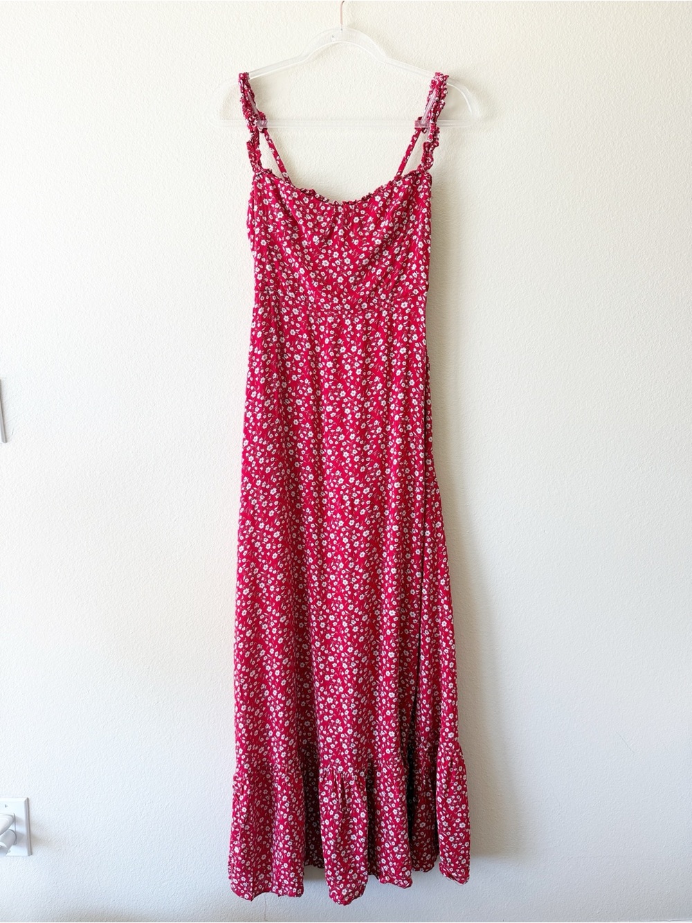 VICI Red Floral Maxi Dress Smocked Back Ruffle Strap Tiered Hem Rayon - Picture 2 of 13